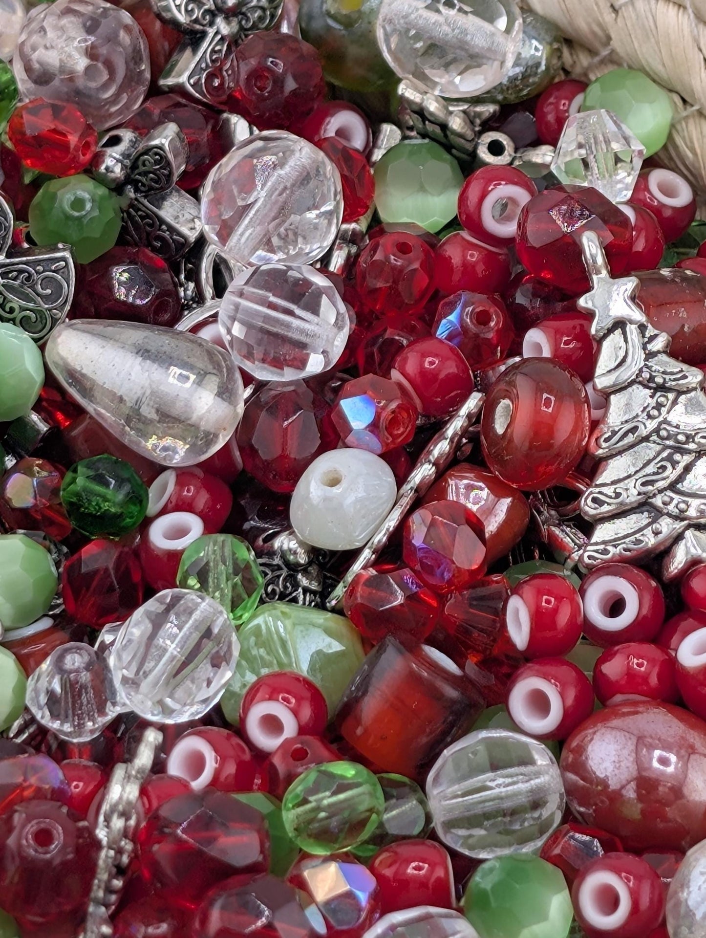 Exclusive "Jolly Holly" Glass Bead Mix - Jolly Holly Christmas Bead Mix - Red, Green, White Holiday Glass Supplies (56g)