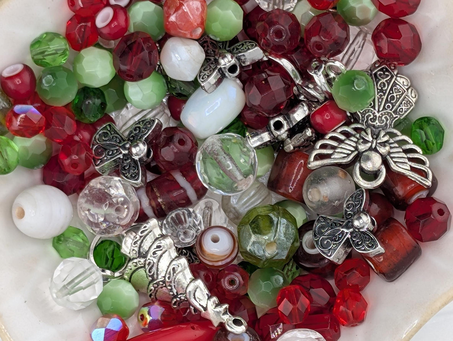 Exclusive "Jolly Holly" Glass Bead Mix - Jolly Holly Christmas Bead Mix - Red, Green, White Holiday Glass Supplies (56g)