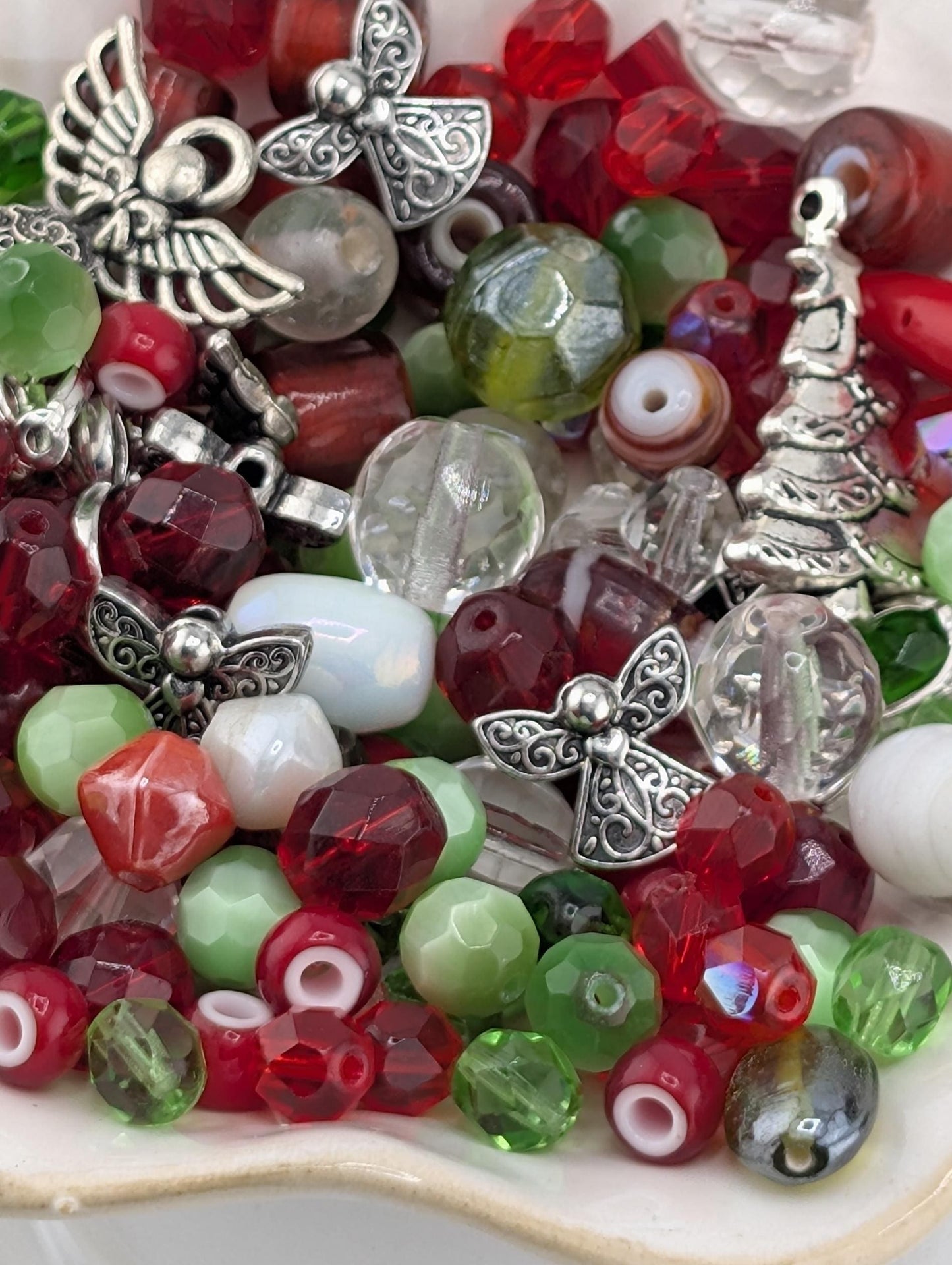 Exclusive "Jolly Holly" Glass Bead Mix - Jolly Holly Christmas Bead Mix - Red, Green, White Holiday Glass Supplies (56g)
