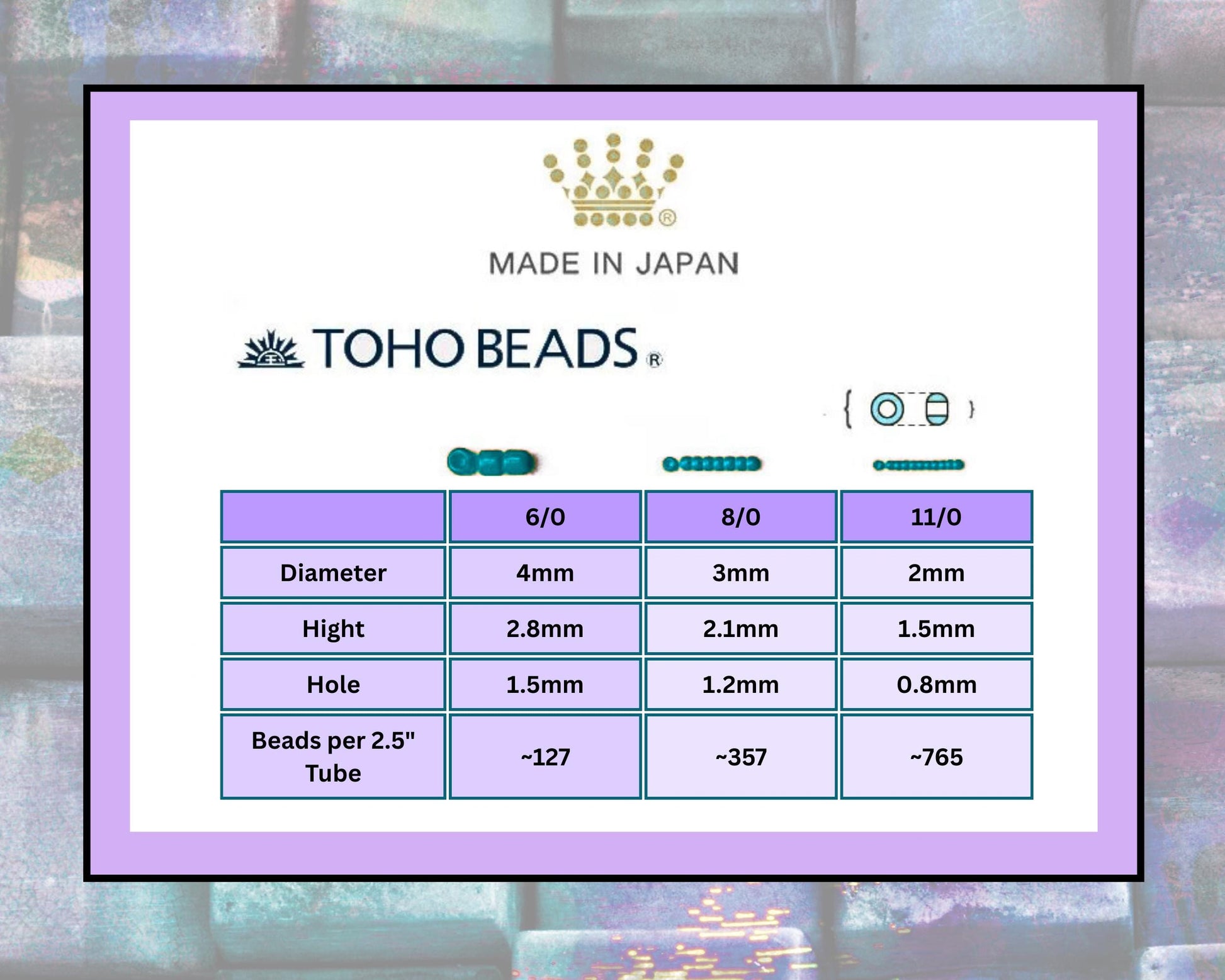a table with information about the dimensions and specifications of TOHO Beads' products, including bead sizes and tube sizes.
