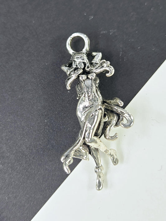 A silver-colored metal charm in the shape of a bird or a mythical creature is shown against a black background.