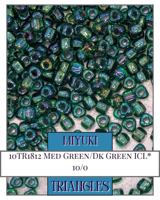 Miyuki Triangle Beads - Med Green/Dark Green Inside Color Lined Size 10/0 Sparkle