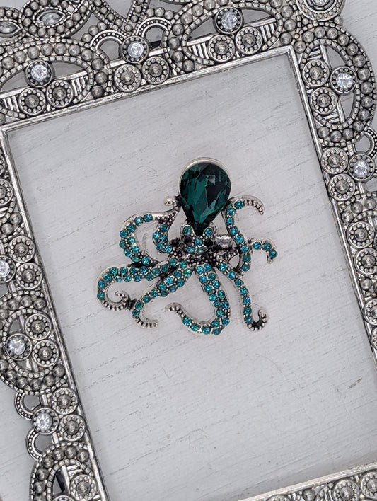 Silver Plated Brooch - Emerald Green Rhinestone Octopus Pin, Lightweight Jewelry
