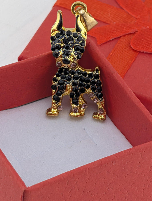 A gold-colored charm in the shape of a dog is displayed in a red box.