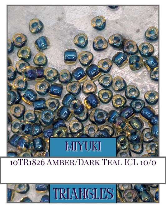 Miyuki Triangle Beads Amber Dark Teal 10/0 Seed Beads Inside Color Lined Sparkle