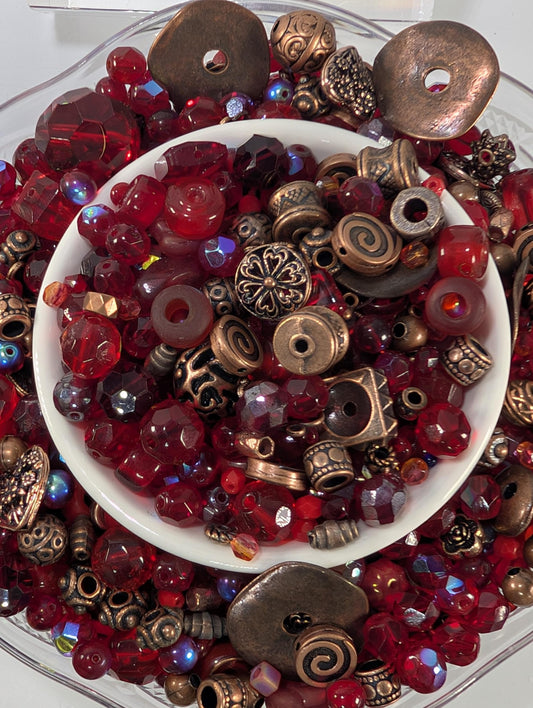 Glass Bead Soup Mix – Crimson Heart Copper Soul | Electroplated Bead Set, Cat Eye Mix