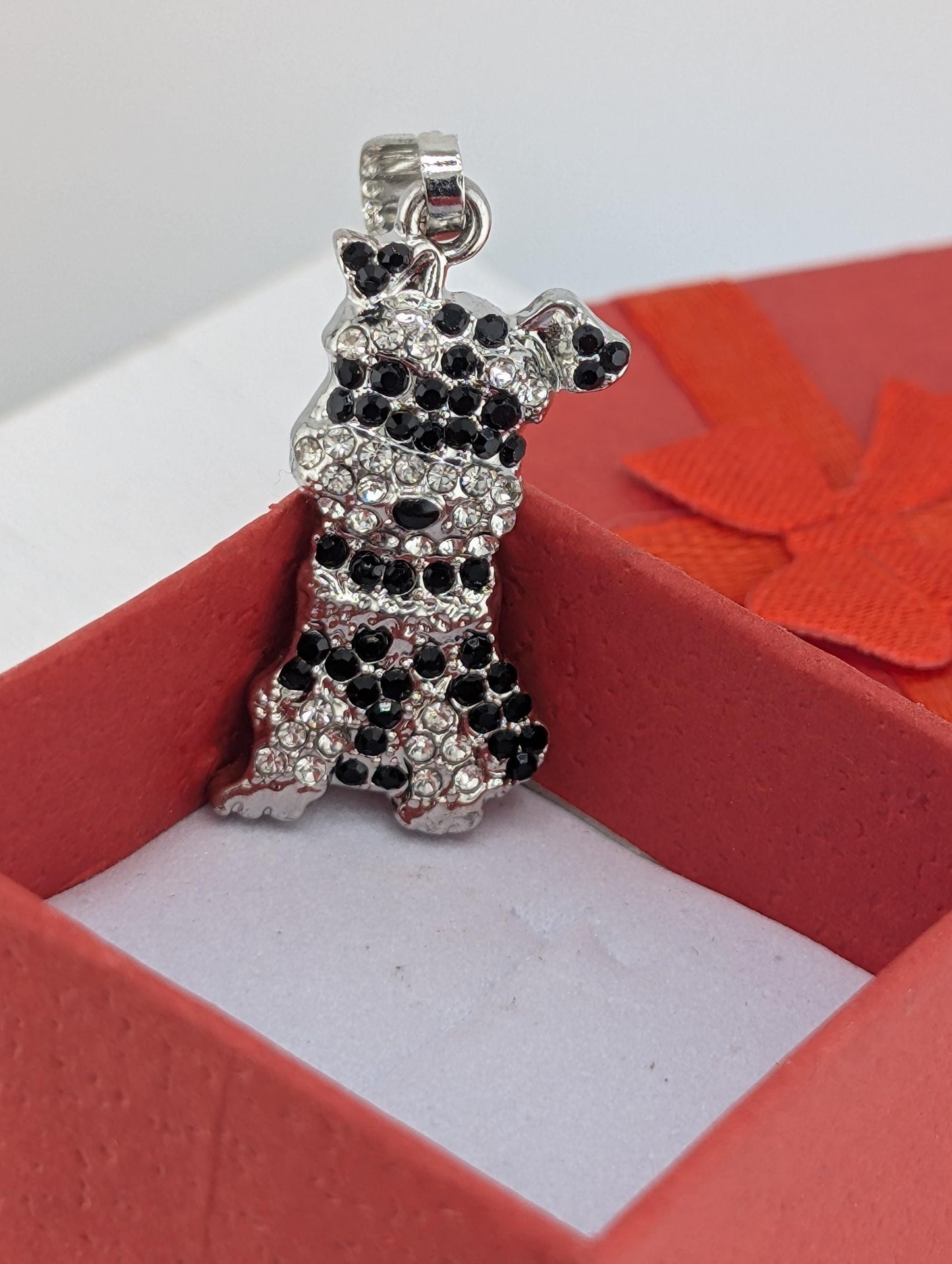 A silver charm in the shape of a dog is displayed in a red box.