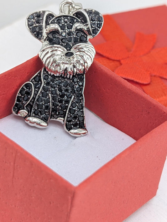 A silver charm in the shape of a dog is displayed in a red box.
