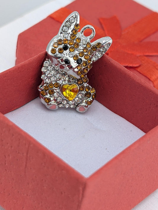 A silver pendant in the shape of a dog is displayed in a red gift box.