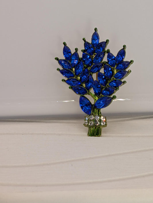 Blue Bamboo Brooch - Gold Plated Decorative Pin With Sparkling Rhinestones