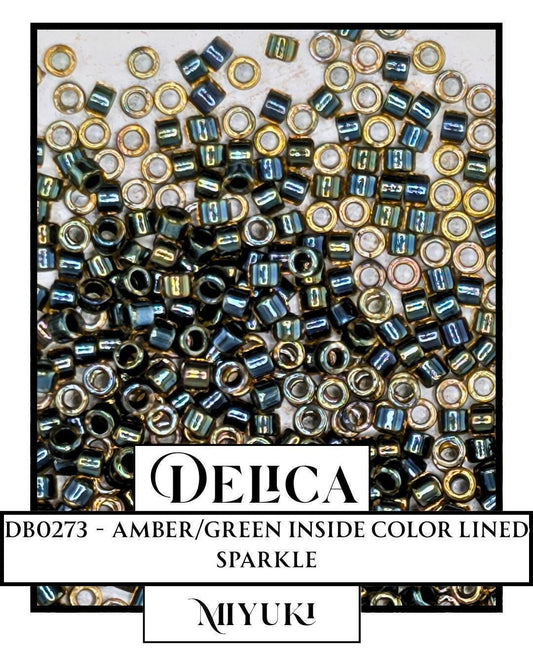 Miyuki Delica Beads - 11/0 Amber Green Color Lined Sparkle Seed Beads Pack