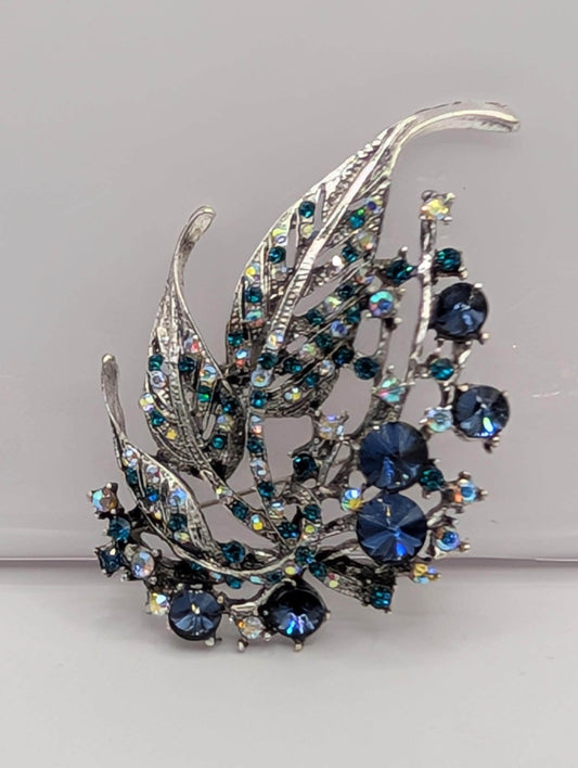 Silver Plated Brooch – Feather Design with Sparkling Sapphire Rhinestones Pin
