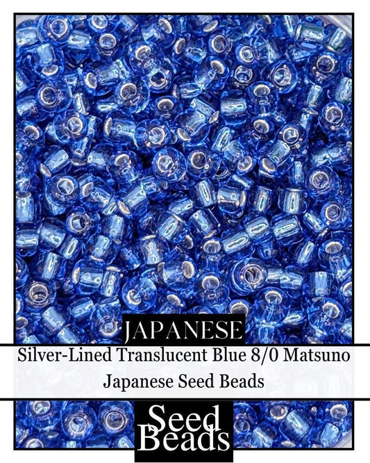 Silver Lined Seed Beads - Translucent Blue 8/0 Japanese Matsuno Beads 15g