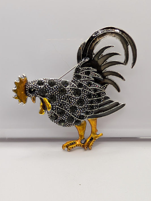Silver Plated Rooster Brooch - Colorful Orange Black Brooch With Rhinestones
