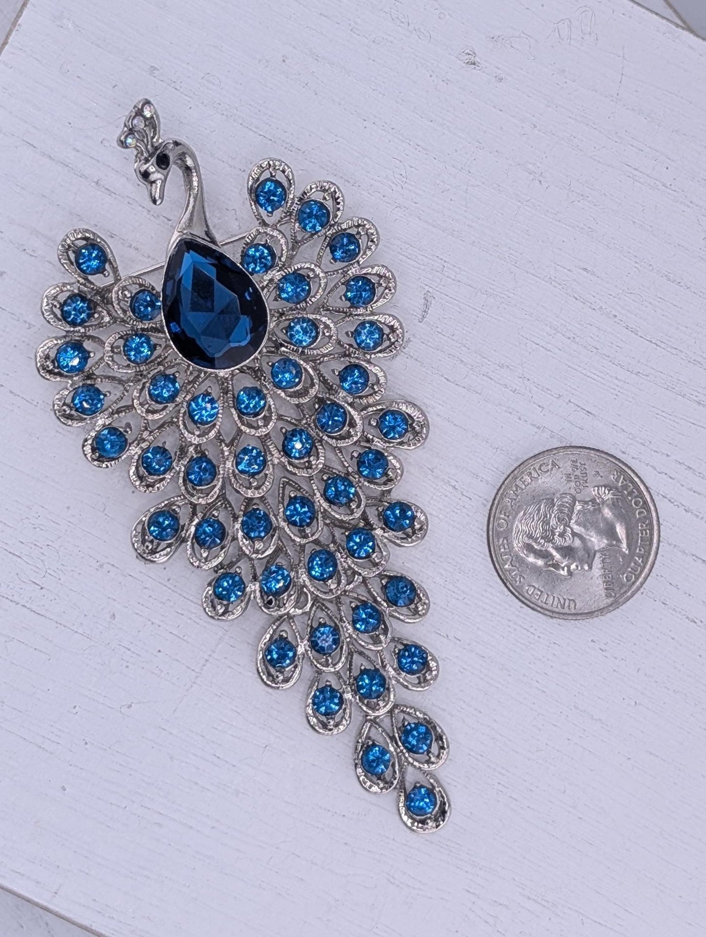 Teal Peacock Brooch - Silver Tone Brooch with Colorful Blue Rhinestones Pin