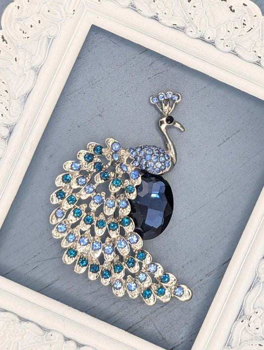 Silver Peacock Brooch – Colorful Festival Jewelry, Elegant Lightweight Pin