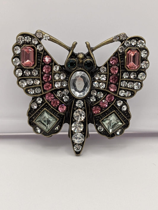 Brass Butterfly Brooch - Gold Plated Pin with Rhinestones, Elegant Jacket Accessory