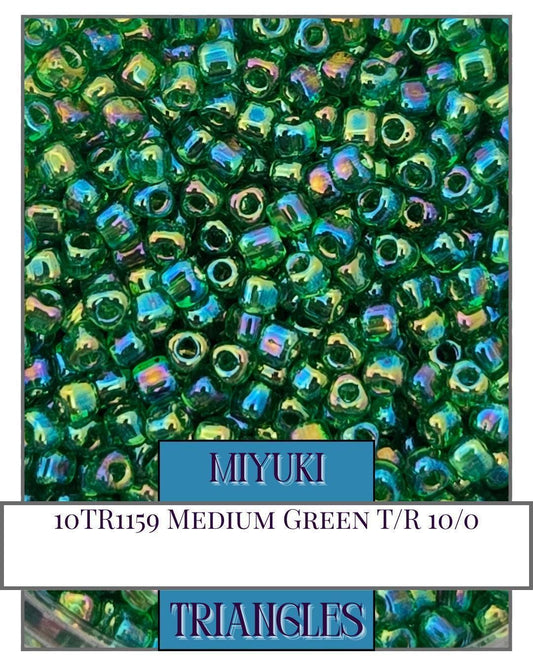 Miyuki Triangle Beads - Medium Green Translucent Rainbow 10g Bulk Seed Beads
