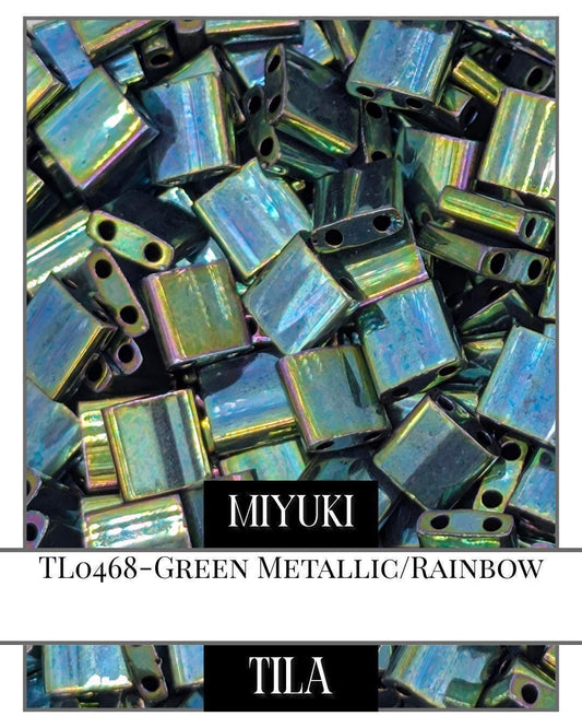 Miyuki Tila Beads Green Metallic Rainbow - 7.5g Flat Square 2-Hole Beads