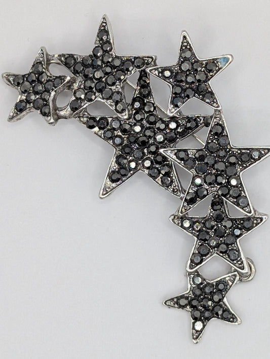 Silver Plated Brooch – Gunmetal Tone Multistar Decorative Pin with Sparkling Gray Crystals