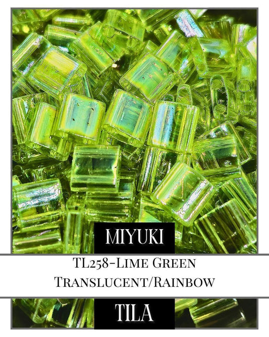 Miyuki Tila Beads – Lime Green Translucent Rainbow Flat Two Hole Beads 7.5g