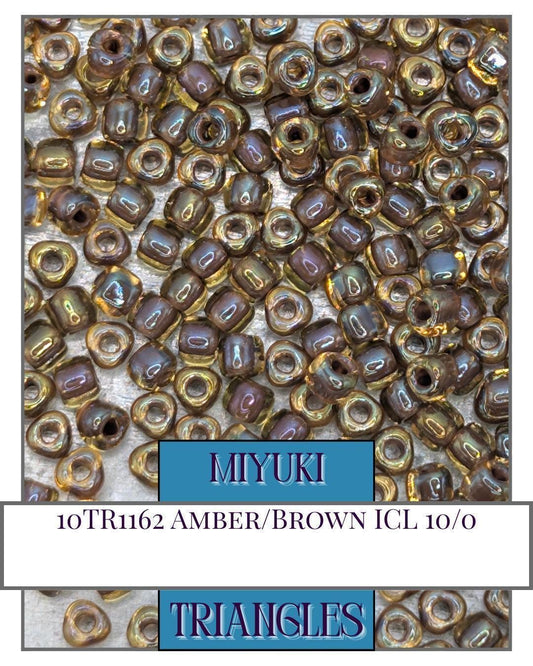 Miyuki Triangle Beads – Amber Brown Seed Beads Size 10, Inside Color Lined Sparkle