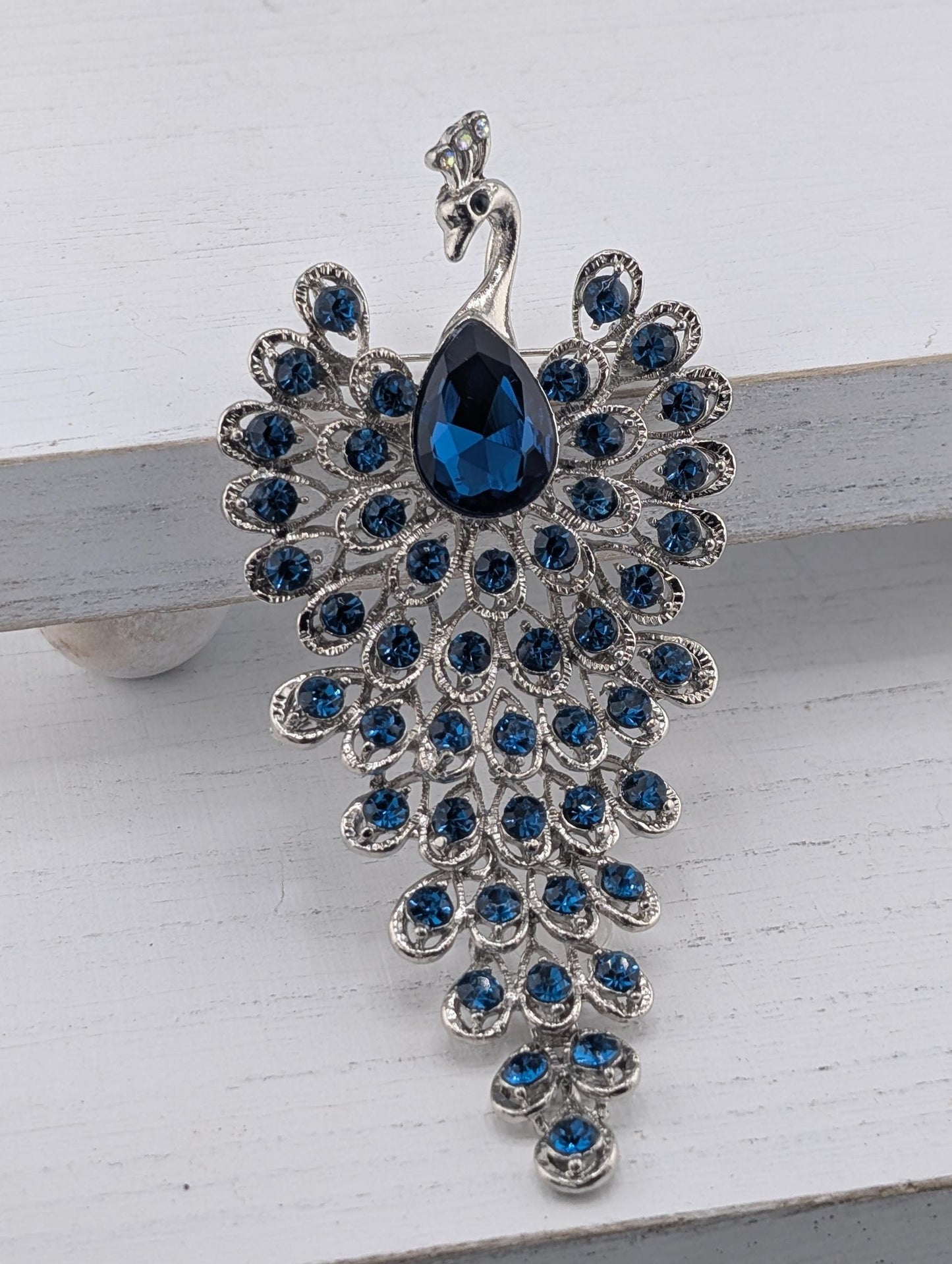 Teal Peacock Brooch - Silver Tone Brooch with Colorful Blue Rhinestones Pin