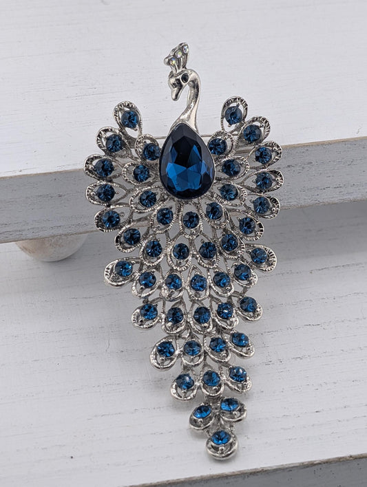Teal Peacock Brooch - Silver Tone Brooch with Colorful Blue Rhinestones Pin