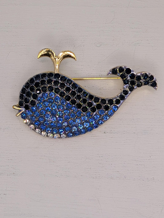 Blue Rhinestone Brooch – Gold Plated Whale Pin With Sparkling Crystals
