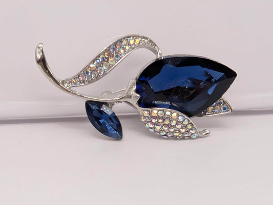 Silver Plated Brooch - Sapphire Blue Tulip Floral Pin, Lightweight Fashion Accessory