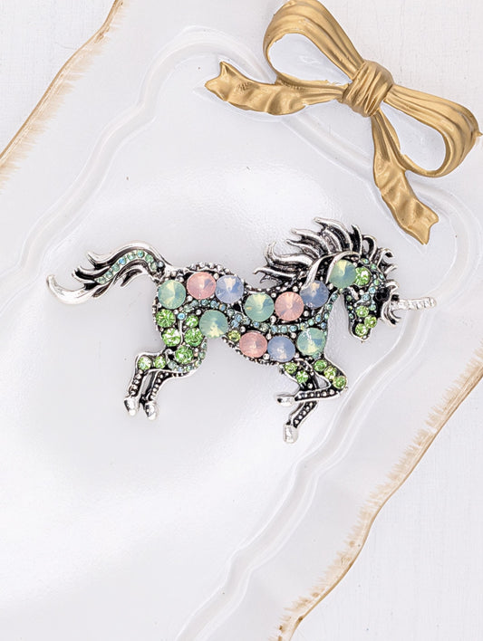 Unicorn Brooch - Silver Plated Mint Green & Pink Rhinestone Pin, Elegant Design