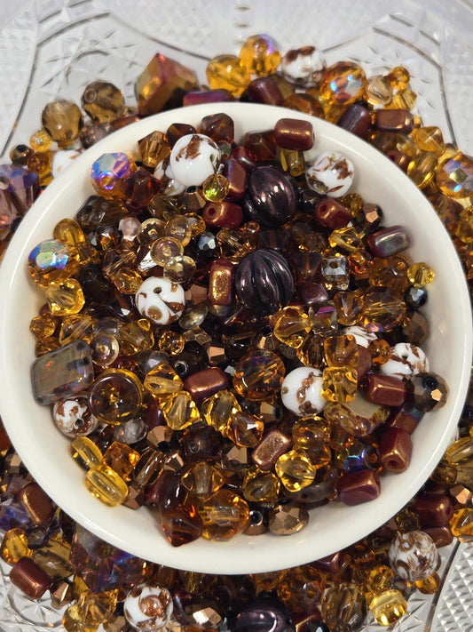 Glass Bead Soup Mix – Assorted Faceted Glass Beads in Topaz & Brown Tones