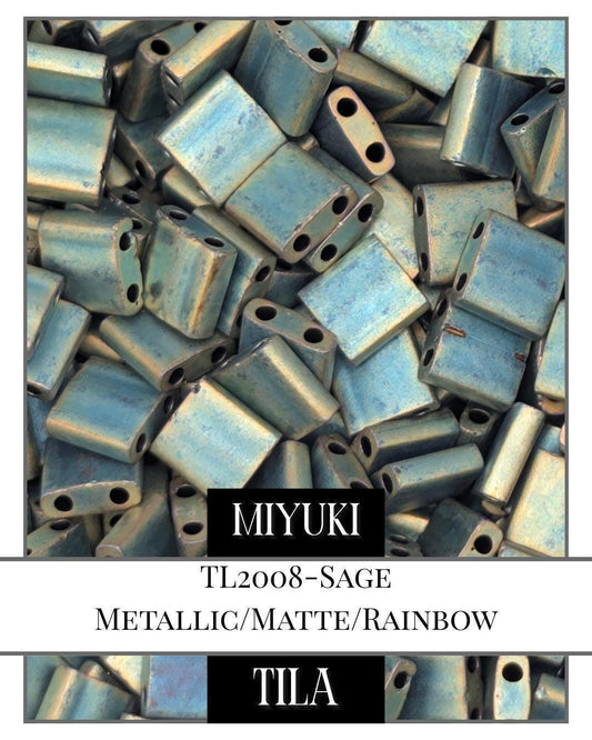Miyuki Tila Beads - Sage Metallic Matte Rainbow Flat Square Two Hole Beads 7.5g