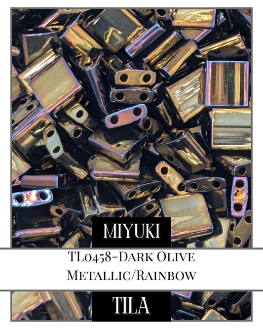 Miyuki Tila Beads – Dark Olive Metallic Rainbow 7.5g Flat 2-Hole Seed Beads