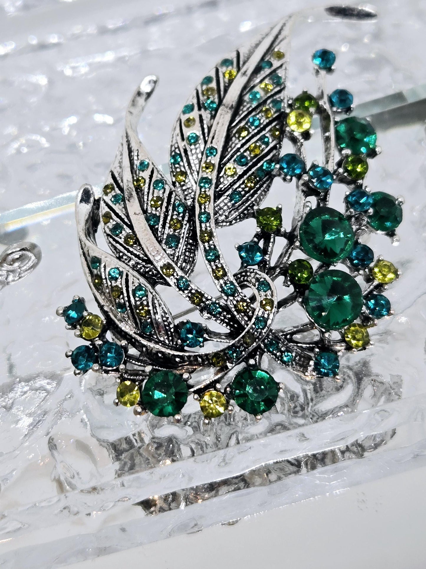 Silver Plated Brooch - Green Feather Decorative Pin With Blue Topaz & Emerald Accents