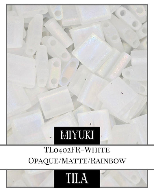 Miyuki Tila Beads | 5x5mm Flat Two Hole Beads - White Opaque Matte Rainbow 7.5g Pack