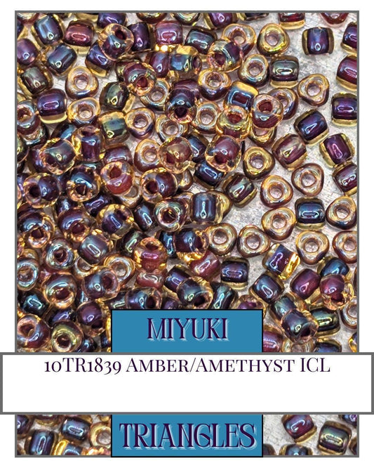 Miyuki Triangle Beads - 8/0 Amber Amethyst Inside Color Lined Sparkle Beads 10g