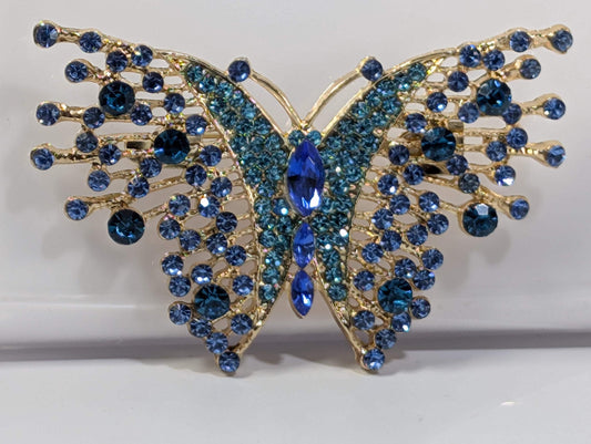 Aqua Sapphire Brooch - Rhinestone Butterfly Pin With Gold Plated Finish