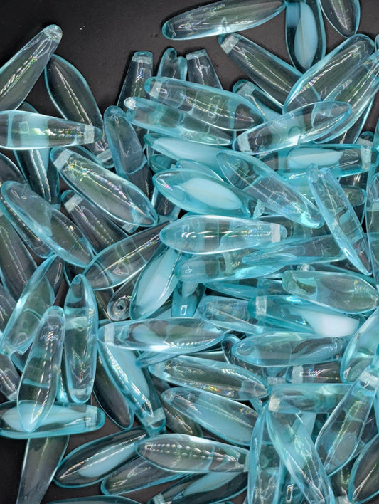 Czech Dagger Beads, Glass Dagger Beads, Unique Craft Supply, Vintage Boho Style,  25pcs Pack for Jewelry Making: Aqua & White