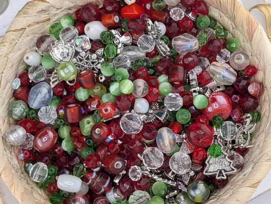 Exclusive "Jolly Holly" Glass Bead Mix - Jolly Holly Christmas Bead Mix - Red, Green, White Holiday Glass Supplies (56g)