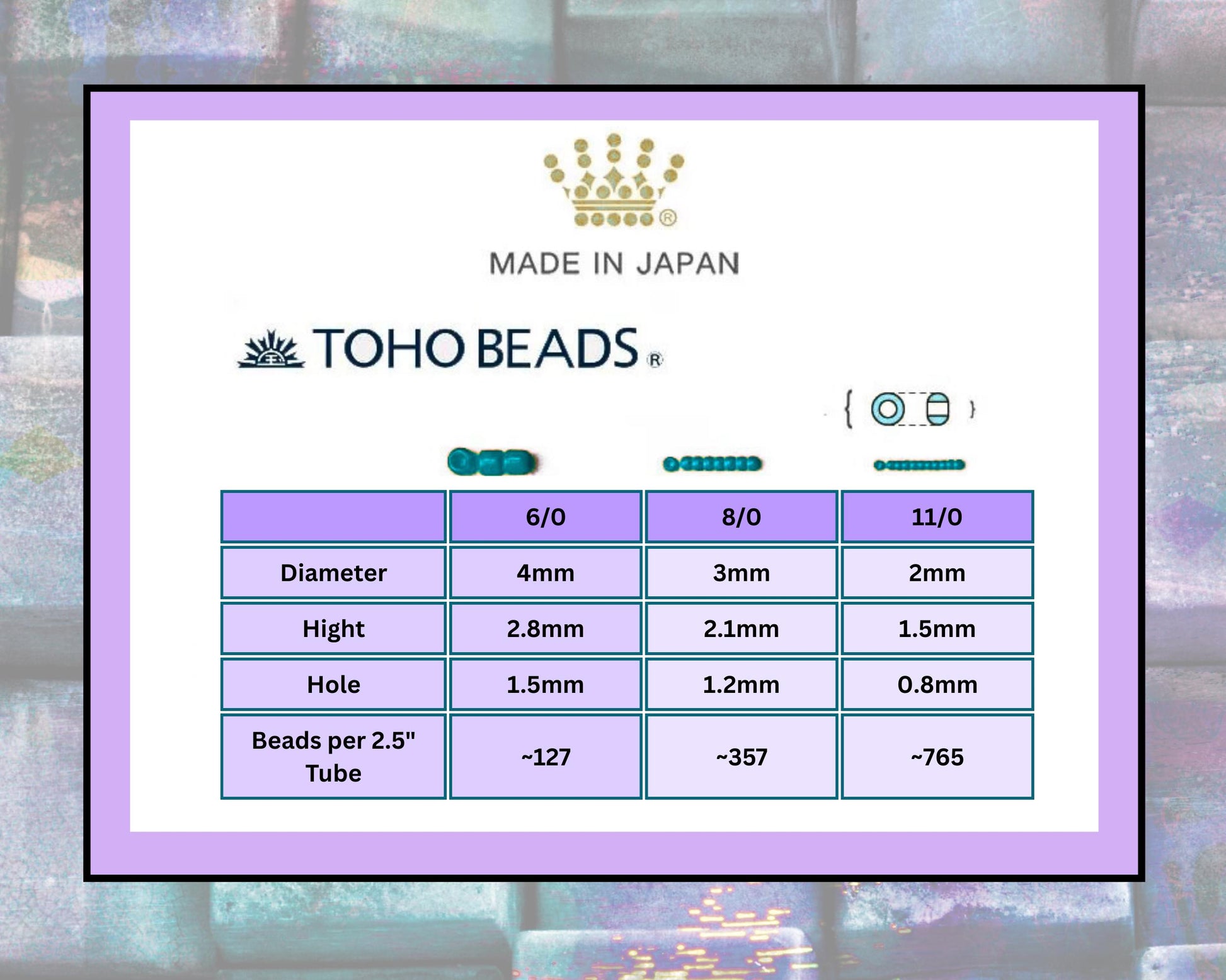 a table with information about the dimensions and specifications of TOHO Beads&#39; products, including bead sizes and tube sizes.